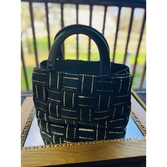 Vintage M&G Bertini Black and Gold Tote Bag Double Lucite Handles Made In Italy - Picture 5 of 12